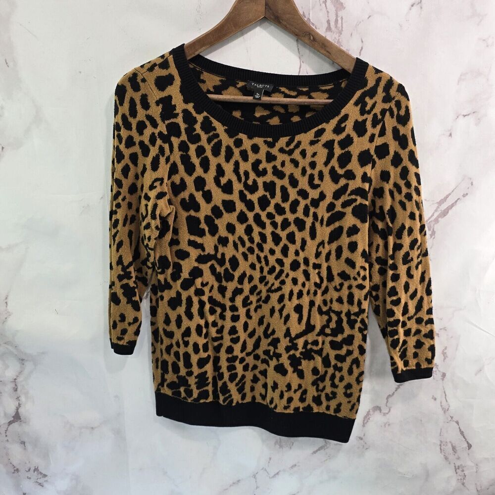 Talbots Sweater Womens Small P Brown Leopard Cheetah Animal Petite